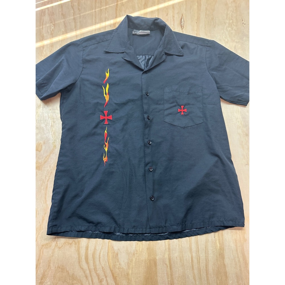 Remington Mens Black Cotton Flame Iron Cross Embroidered Button Down Shirt M‎